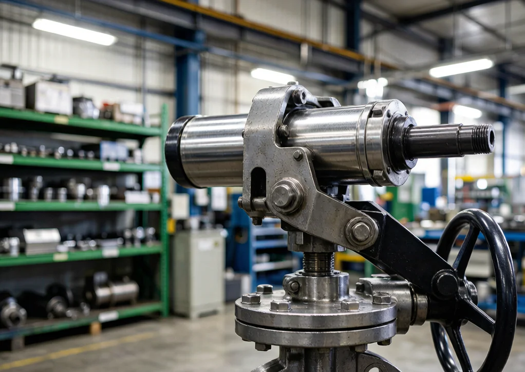 Hydraulic scotch yoke actuator installed on a butterfly valve in a valve workshop